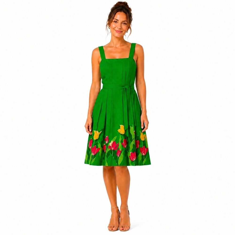 Vintage 60s Malia Honolulu Hawaiian Sundress 10 Green Tulip Border Belted Resort